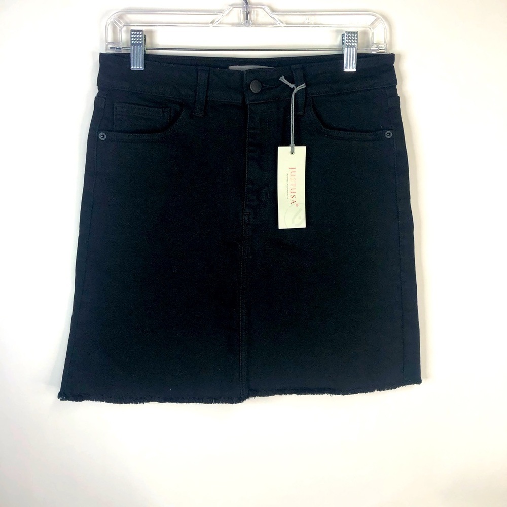NWT Just USA black denim A Line skirt fray hem pockets front zip M